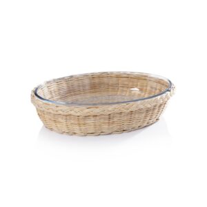 Oval Glass Bowl in Woven Rattan Basket